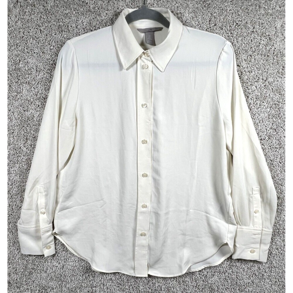 H&M Women's Ivory Button-Up Collared Long Sleeve Blouse SIZE S